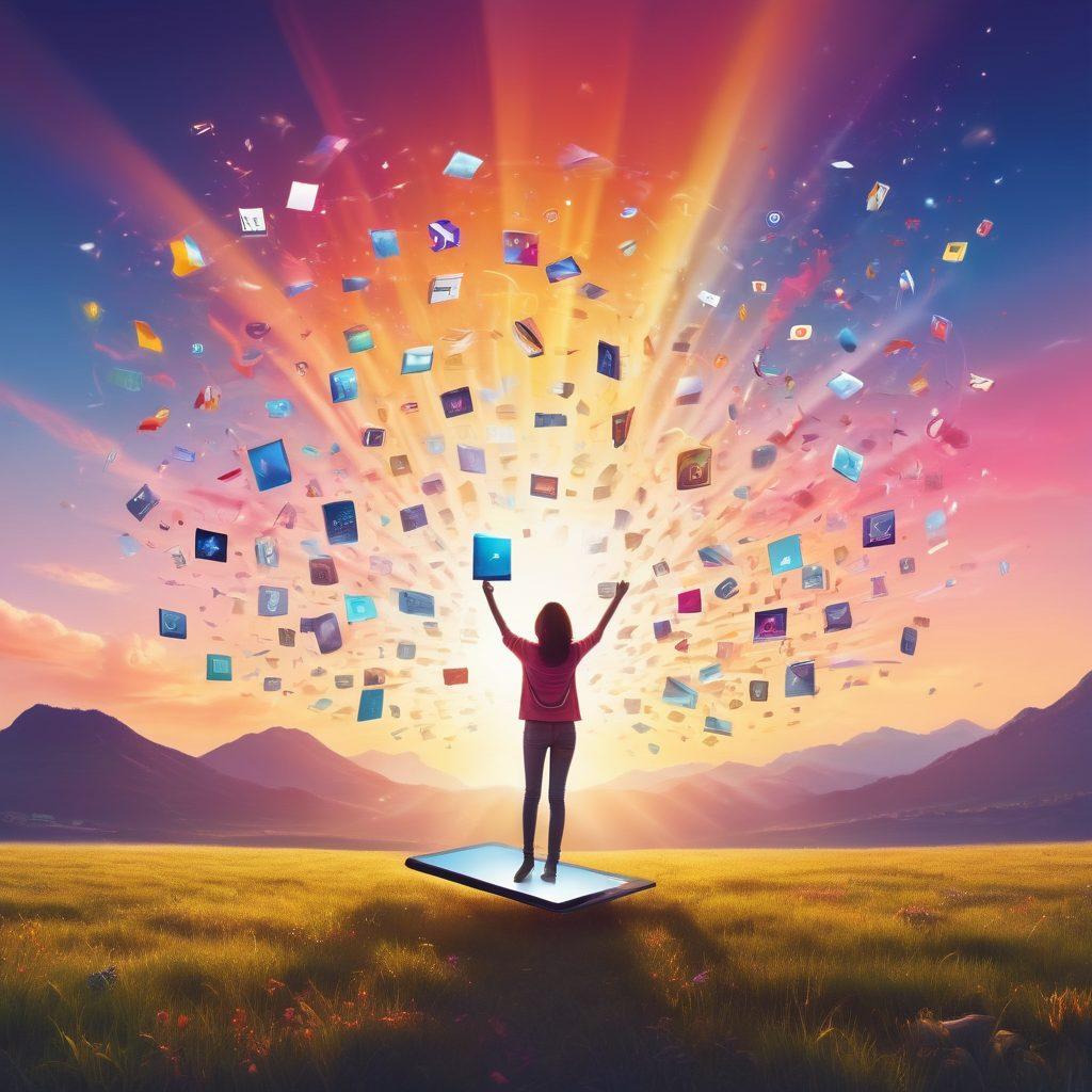 A bright and cheerful digital landscape showcasing a person joyfully interacting with a tablet, surrounded by floating icons of various digital downloads like music, e-books, and artwork. Soft rays of sunlight illuminate the scene, enhancing the feeling of bliss and happiness. The background features a serene and colorful sky, symbolizing freedom and joy in the digital age. cartoonish style. vibrant colors. minimalistic design.