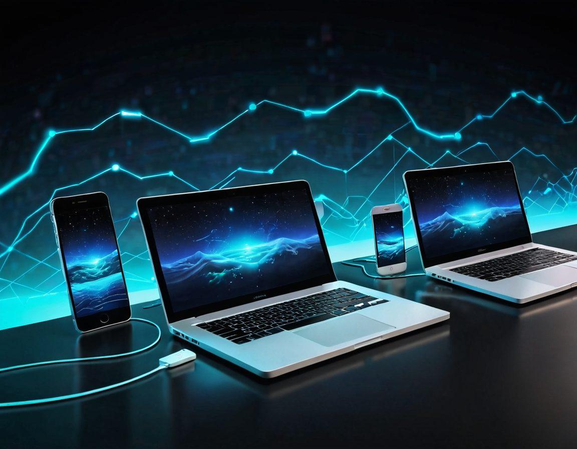 A sleek, modern digital landscape showcasing seamless data transfers between devices, with glowing connections and vibrant streams of light illustrating smooth transitions. Incorporate elements like smartphones, laptops, and cloud symbols in an engaging and dynamic layout, representing efficiency and satisfaction. The background should be a gradient of blue and green hues, emphasizing a tech-savvy atmosphere. super-realistic. vibrant colors. 3D.