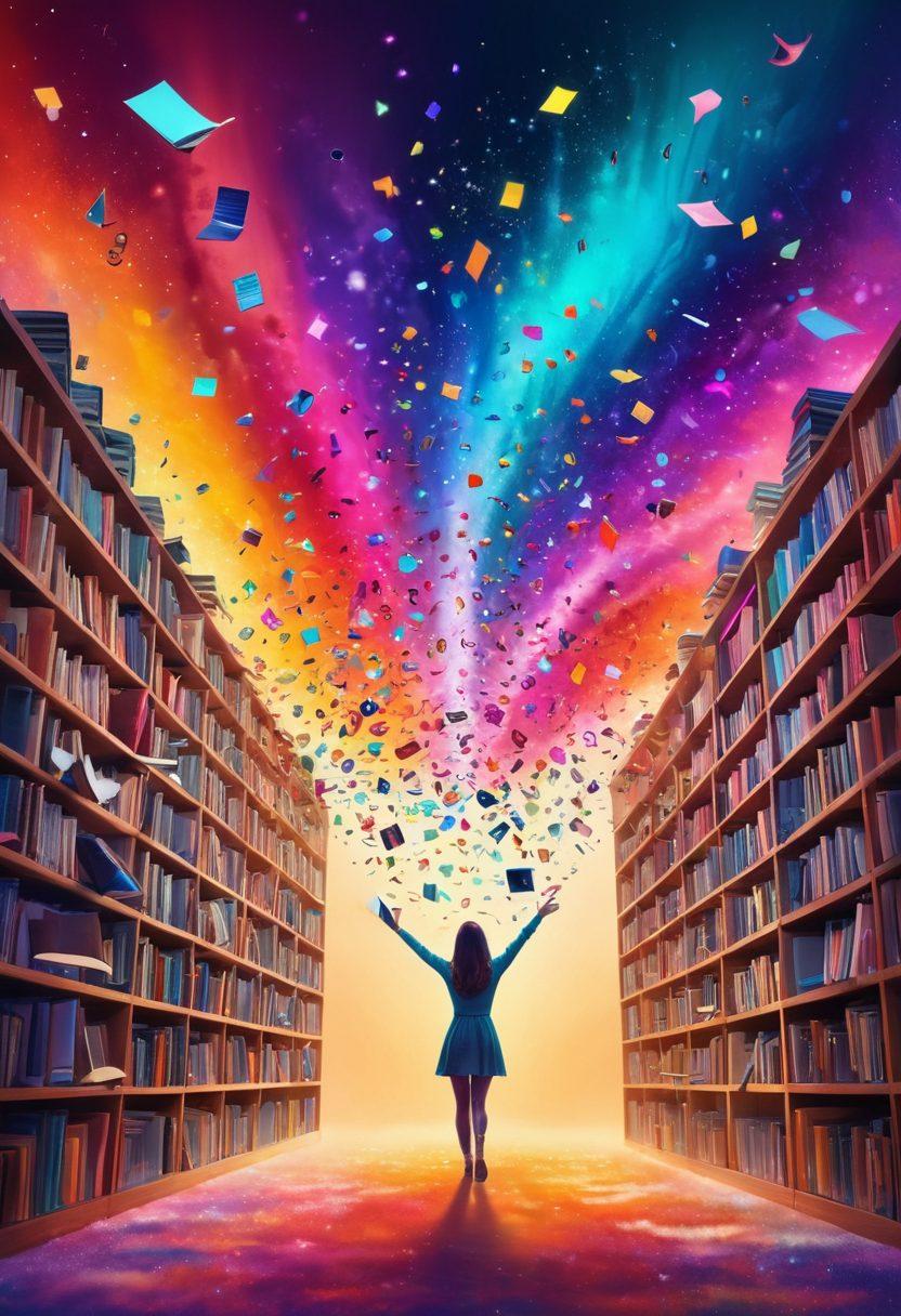 A whimsical scene depicting a person experiencing a moment of joy while effortlessly retrieving media from a colorful, overflowing digital library. Surround them with floating icons of music, movies, and books, glowing with vibrant colors. Include whimsical elements like smiles and sparkles to symbolize transformation from frustration to delight. The background should have a soft, dreamy gradient that conveys happiness. artistic painting. vibrant colors.